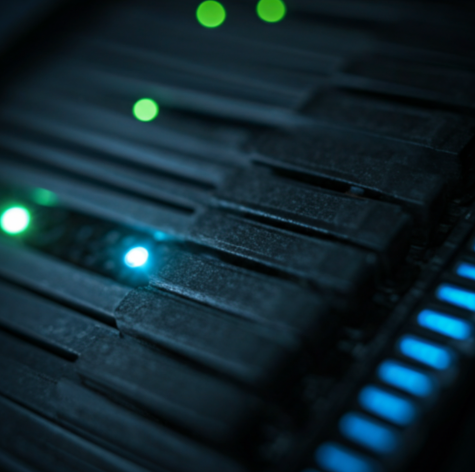 Donkere technische systeemvisual die de verbonden operatorinfrastructuur van Manaru toont