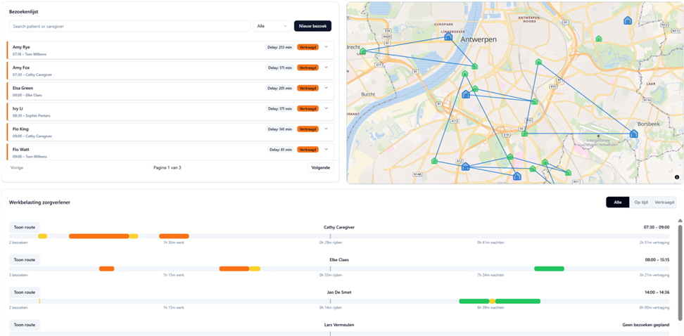 Thuiszorgcockpit met planning, routes en operationele status